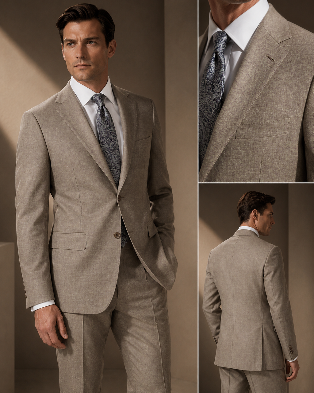 Oatmeal Taupe Two-Button Vented Suit — Super 140s Wool