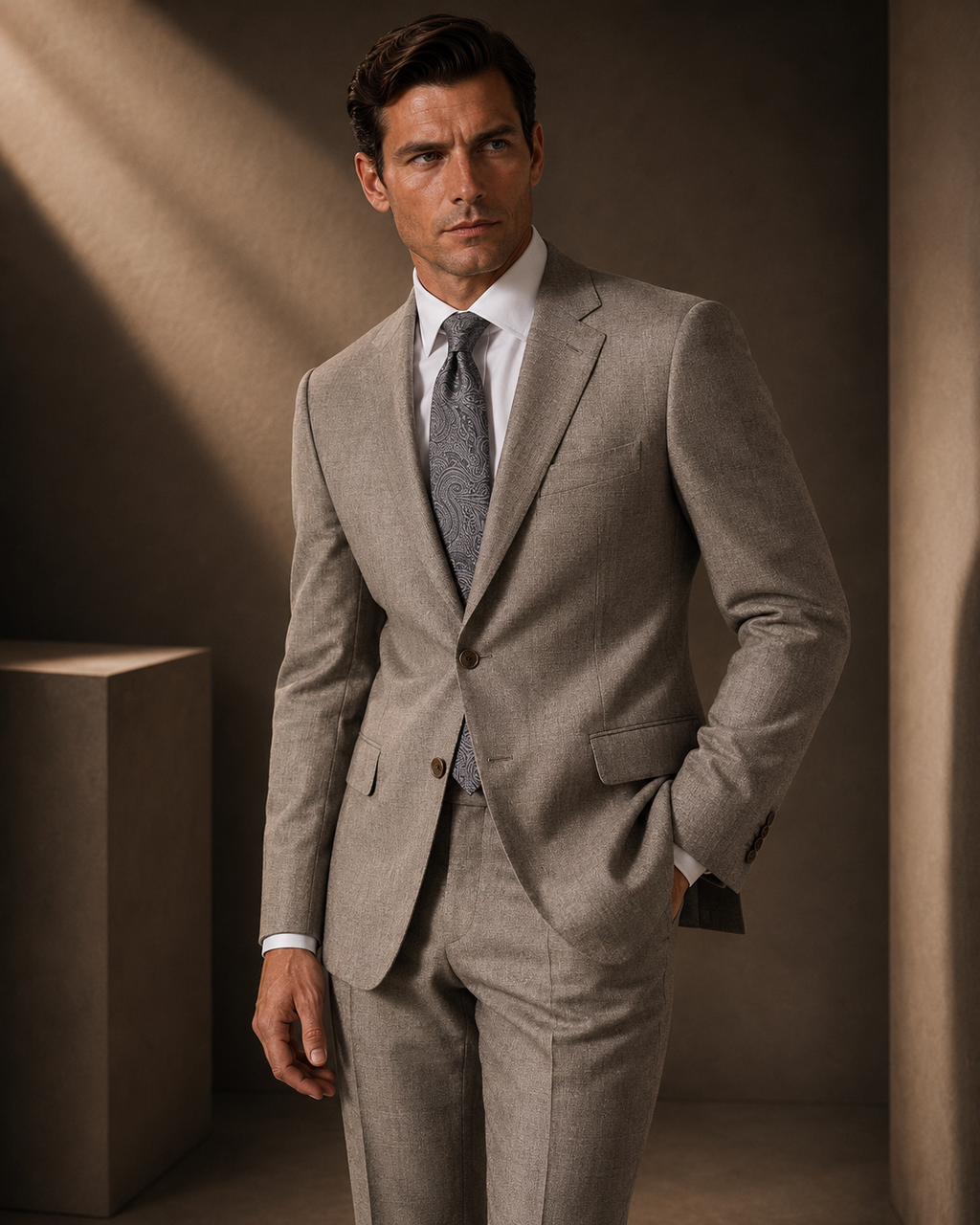 Oatmeal Taupe Two-Button Vented Suit — Super 140s Wool