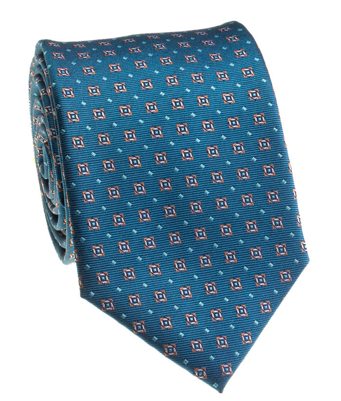 Teal & Copper Geometric Foulard Silk Tie XL