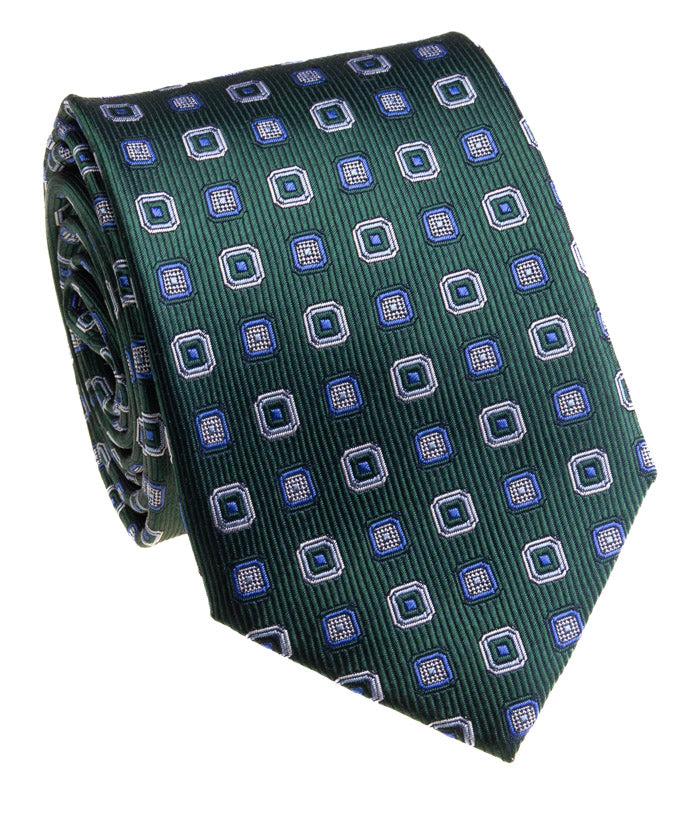 Forest Green & Blue Geometric Foulard Silk Tie