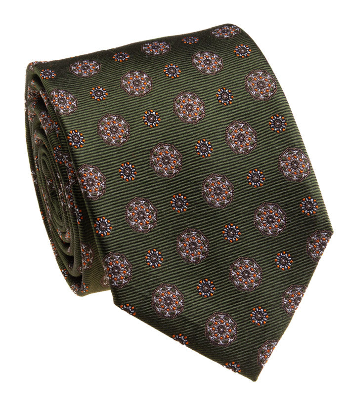 Olive Green & Orange Medallion Silk Tie
