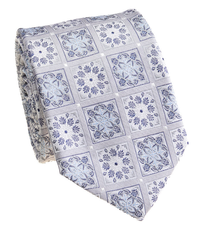 Silver Blue Floral Tile Medallion Silk Tie