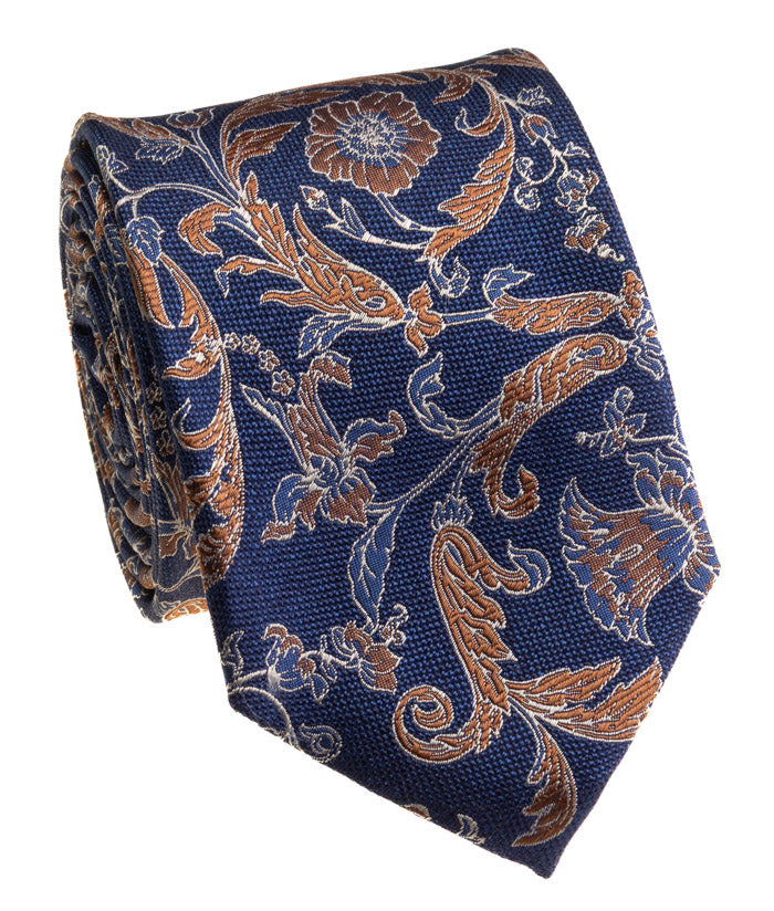 Navy & Copper Botanical Floral Silk Tie