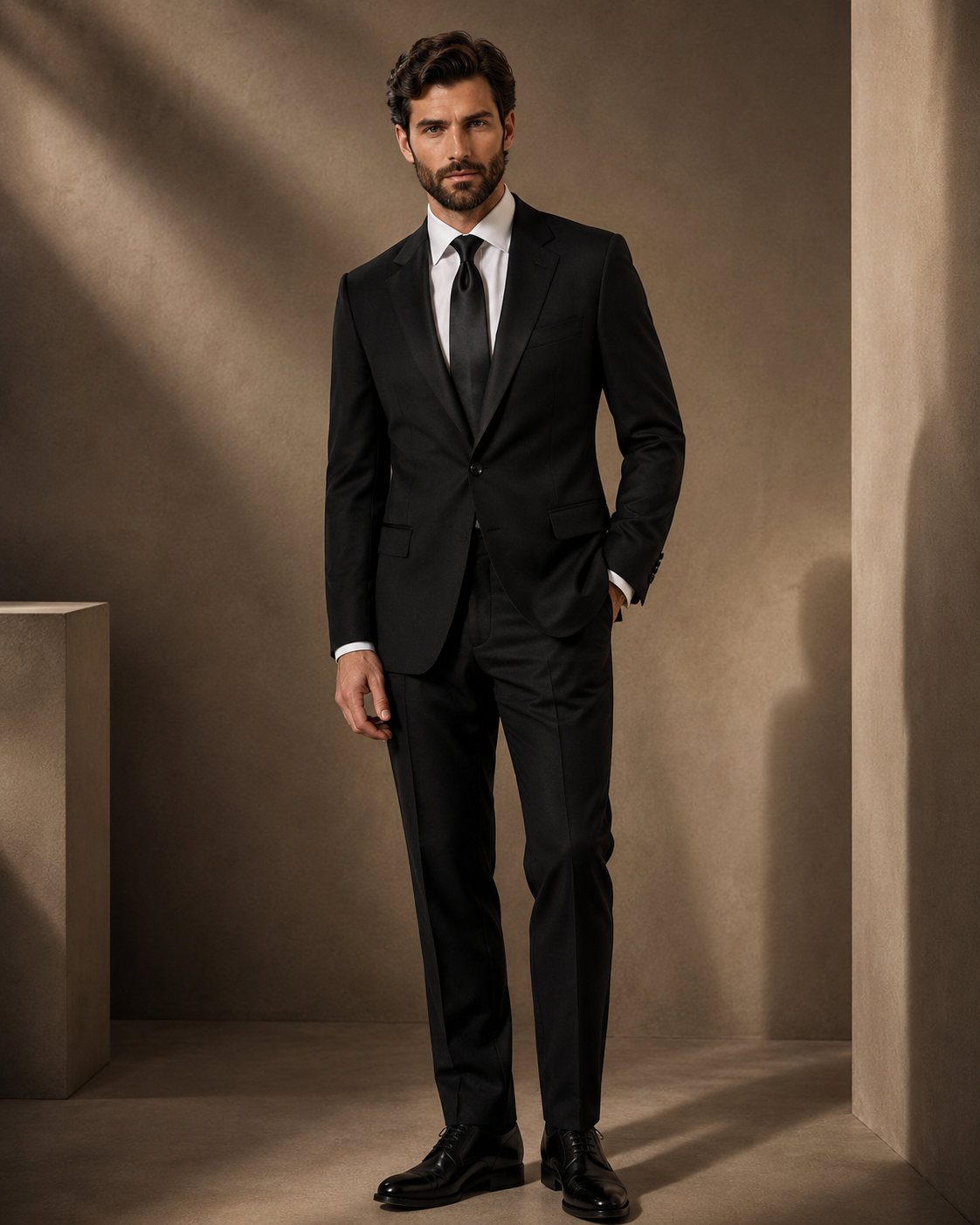 Solid Black Two-Button Vented Suit — Super 140s Wool