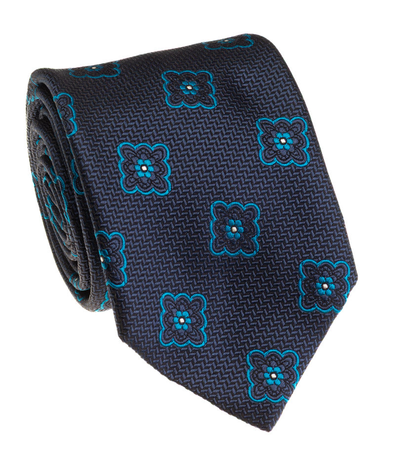 Navy Teal Scalloped Medallion Silk Tie