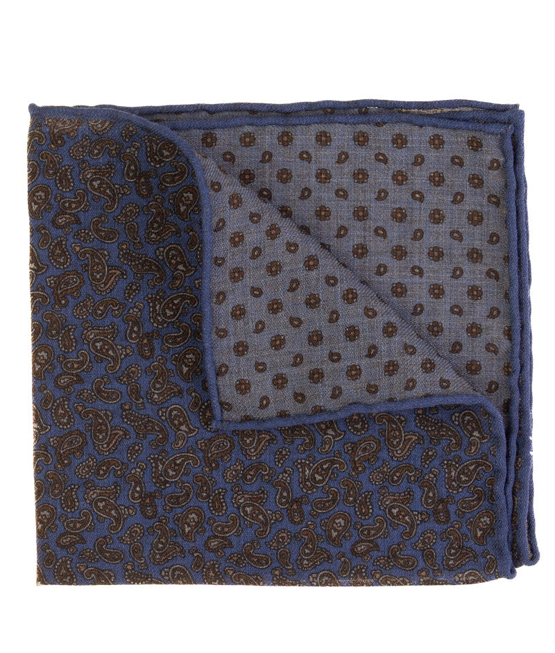 Navy Double-Sided Paisley & Foulard Silk Pocket Square