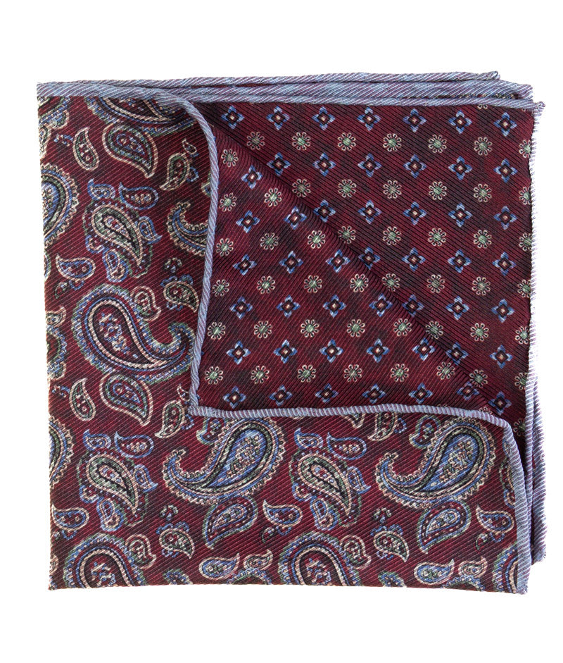 Burgundy Double-Sided Paisley & Foulard Silk Pocket Square
