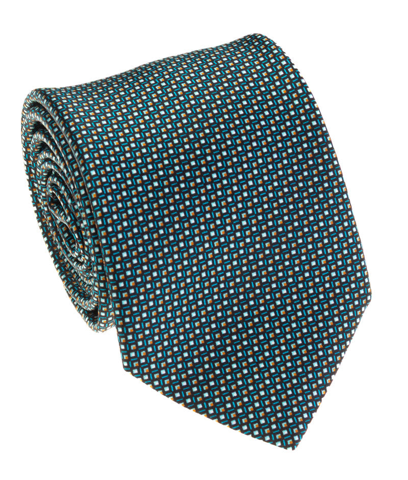Teal & Black Geometric Foulard Silk Tie