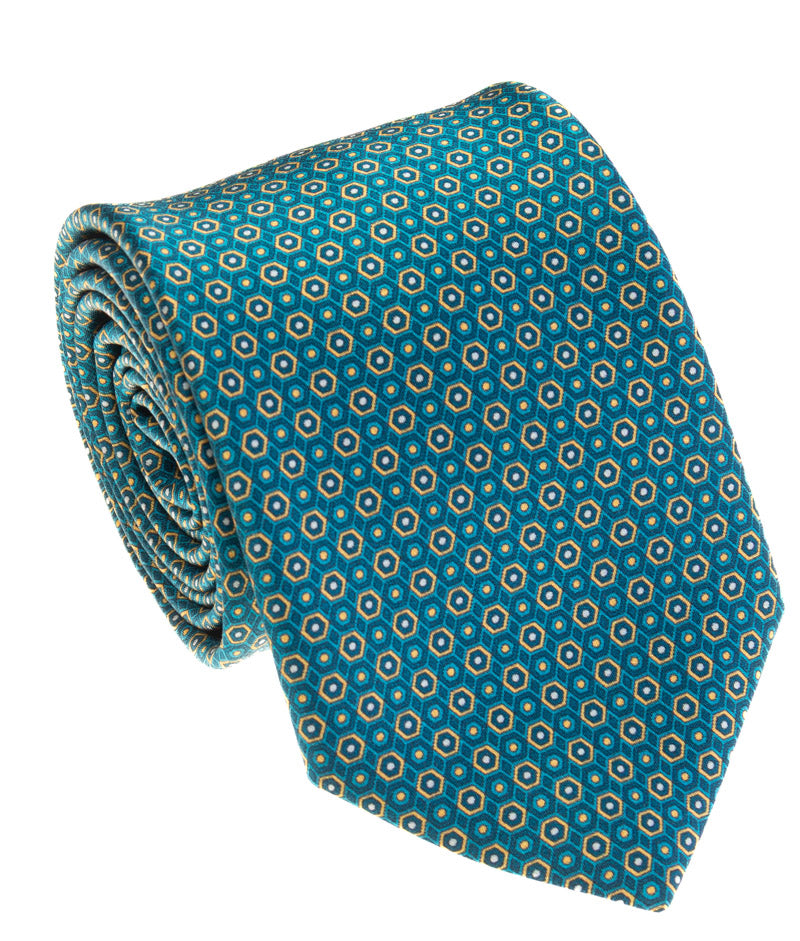 Teal Hexagon Foulard Silk Tie