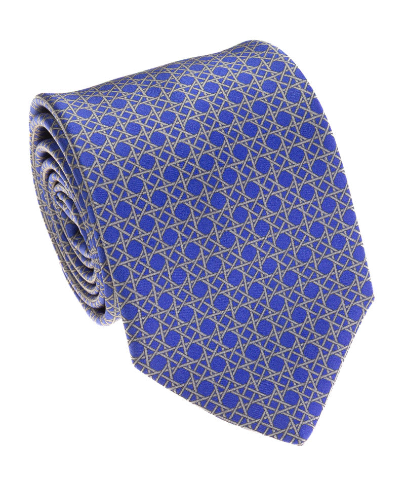 Royal Blue & Tan Geometric Lattice Silk Tie