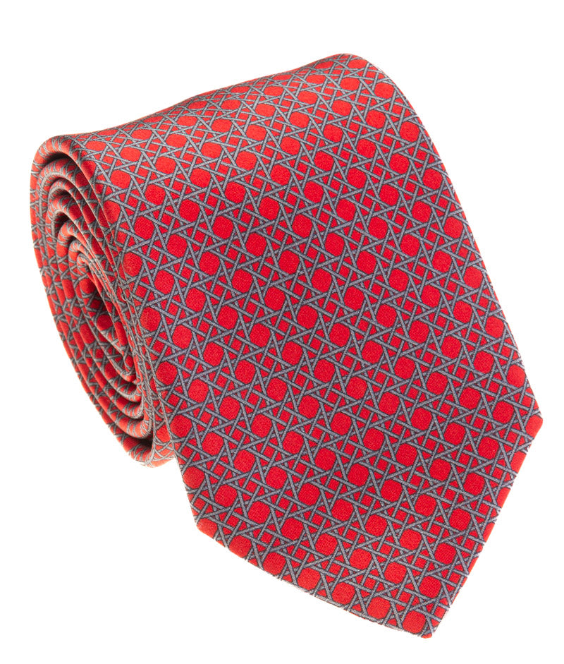Red & Grey Geometric Lattice Silk Tie