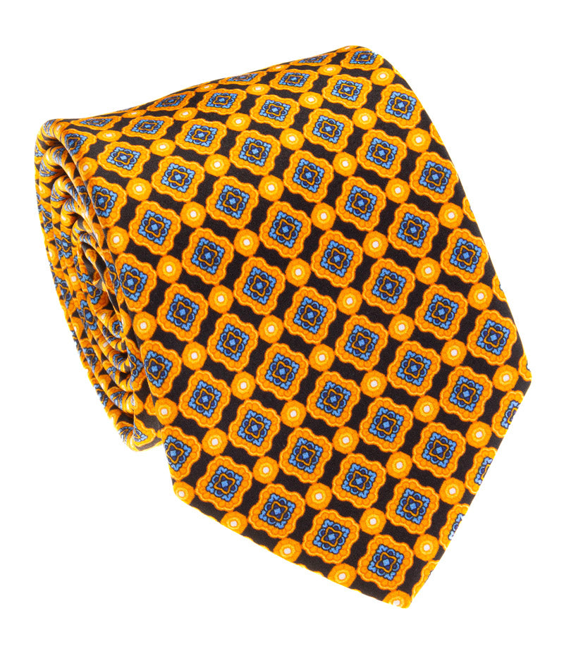 Gold & Navy Medallion Geometric Silk Tie