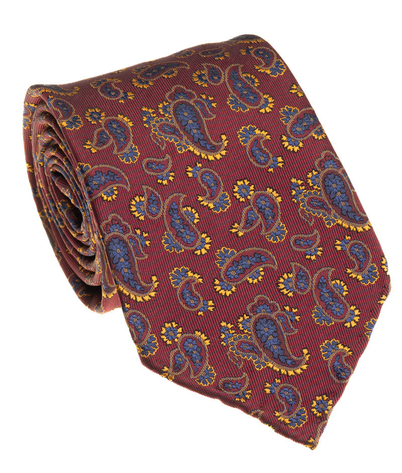 Wine, Navy & Gold Paisley Silk Tie