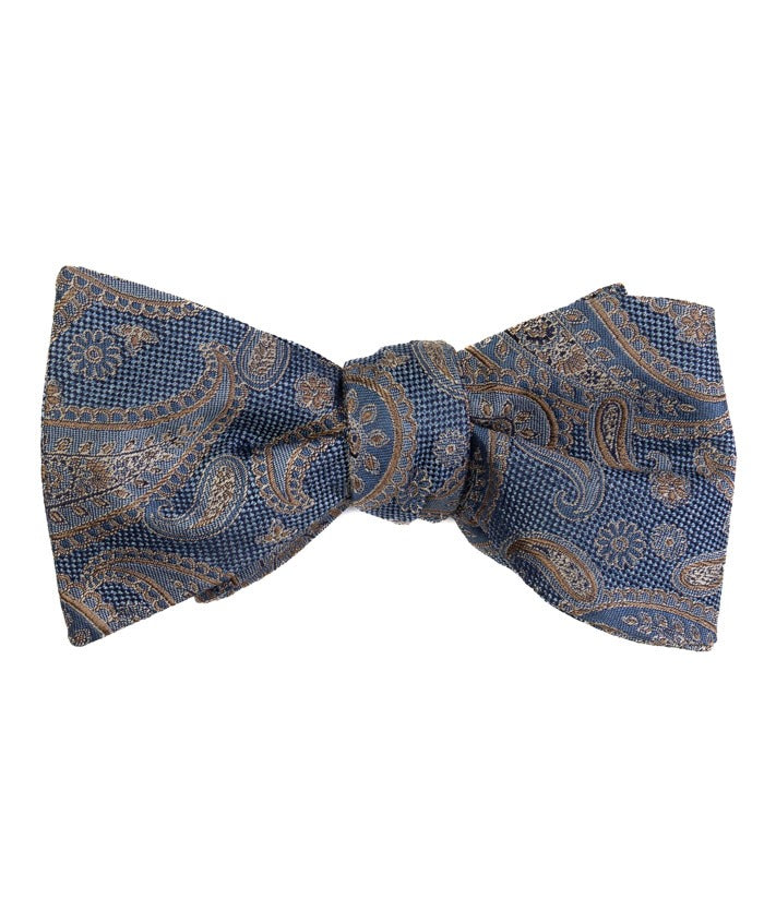 Steel Blue Gold Paisley Woven Self-Tie Bow Tie