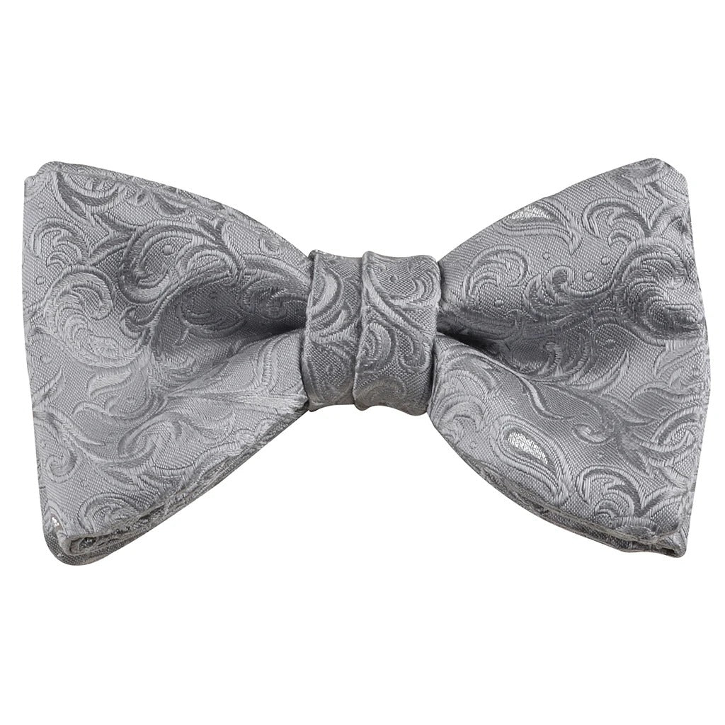 Silver Tonal Paisley Italian Silk Pre-Tied Bow Tie