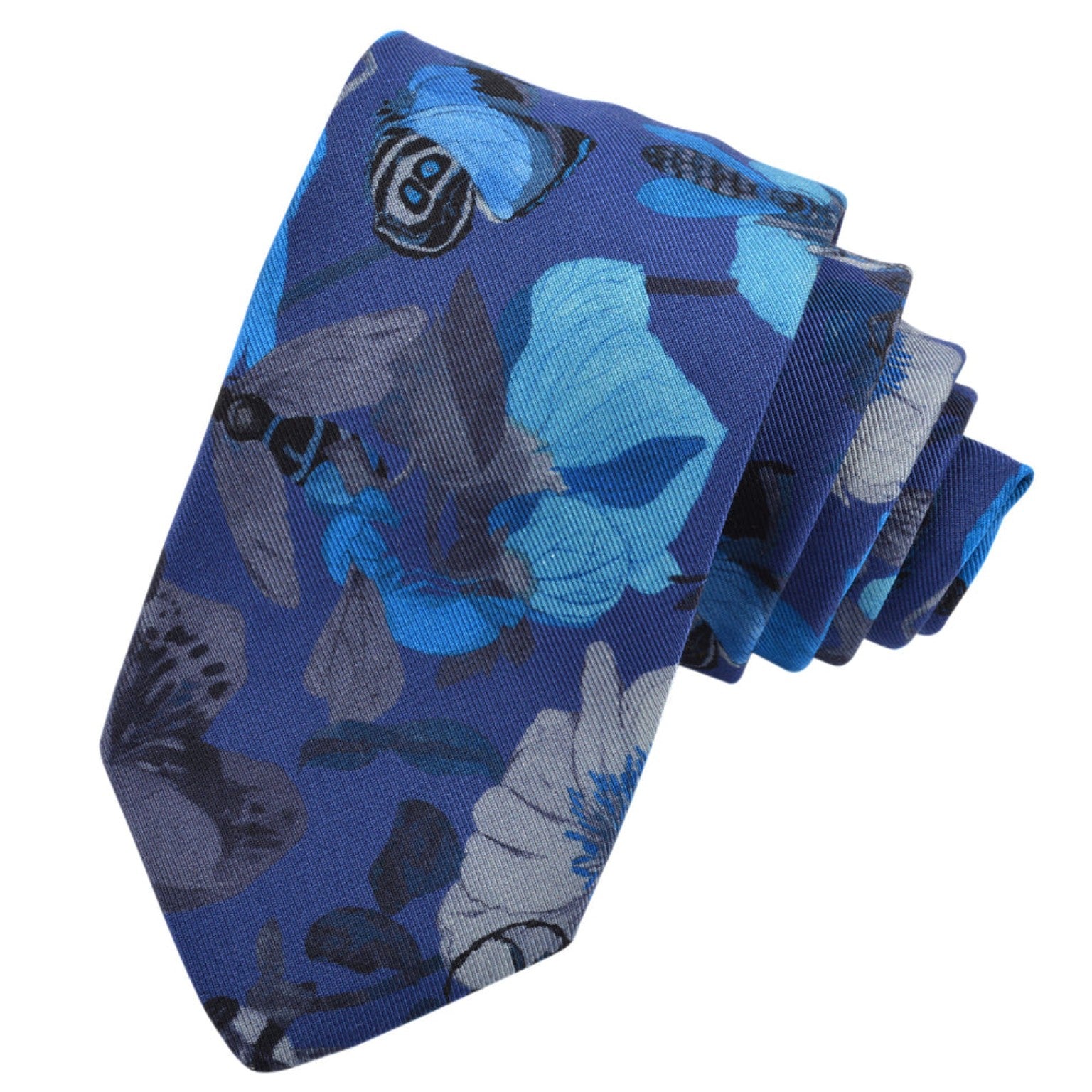 Printed Panama Polynesian Silk Tie in royal blue, French blue, sky, denim, grey and silver