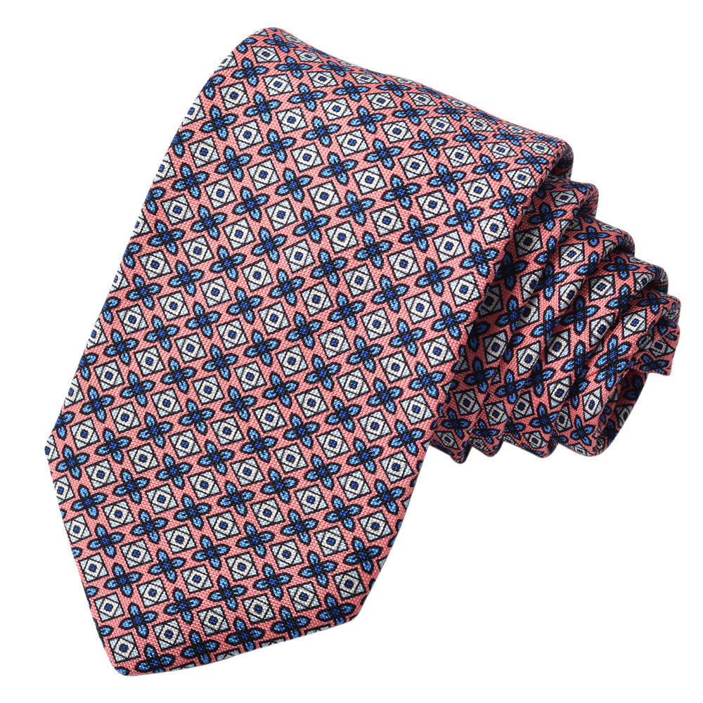 Pink Geometric Floral Medallion Printed Italian Silk Tie