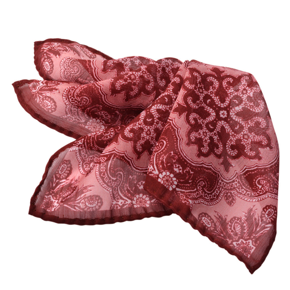 Wine & Pink Ornate Medallion Silk-Wool Pocket Square