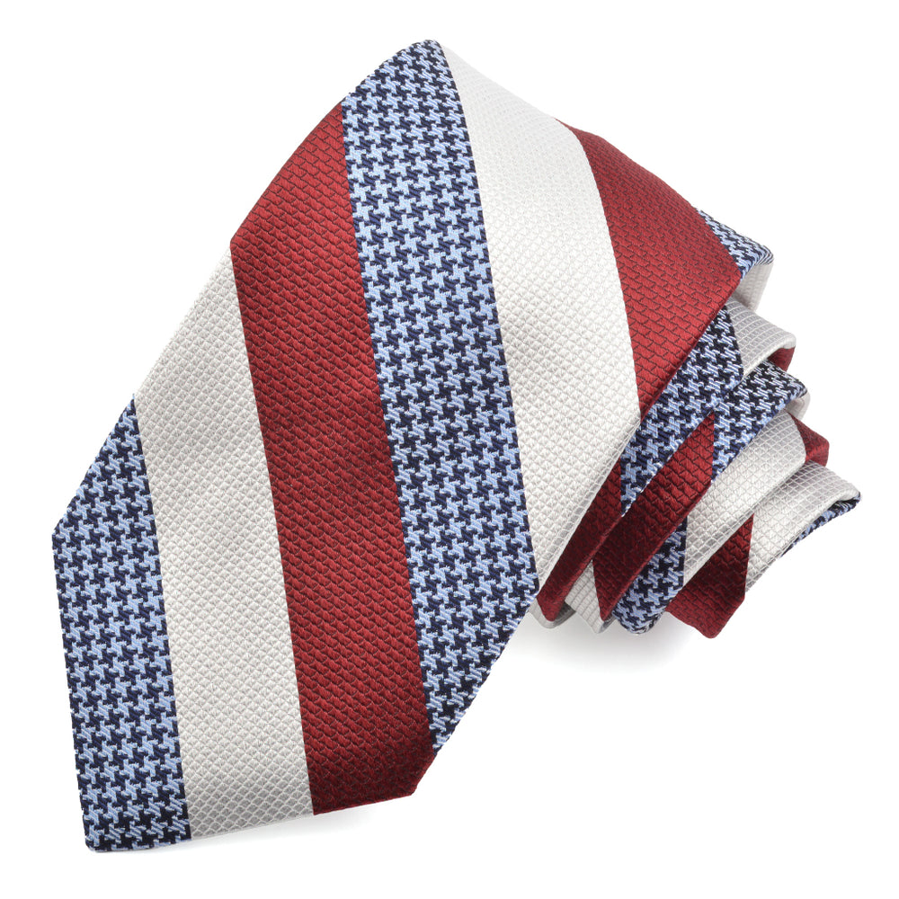 Cherry Red Houndstooth Bar Stripe Woven Italian Silk Tie