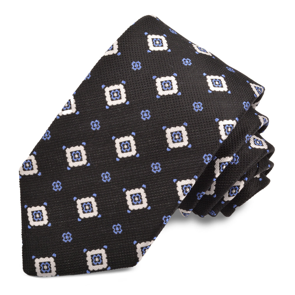 Black Geometric Floral Medallion Woven Italian Silk Tie