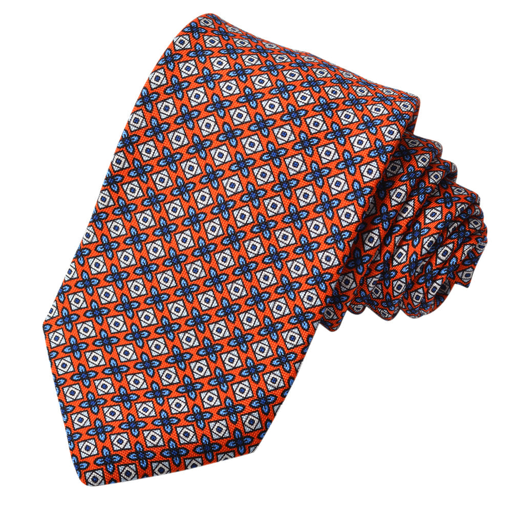 Red Geometric Floral Medallion Printed Italian Silk Tie
