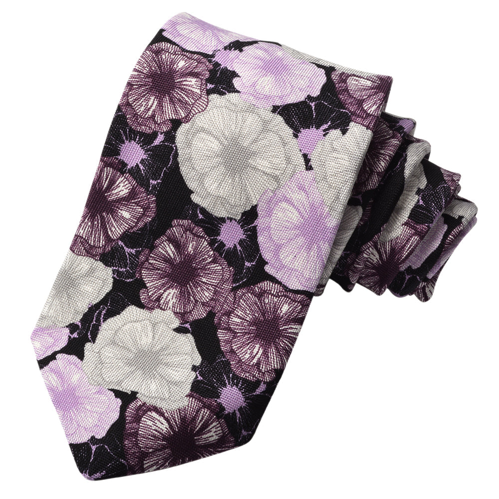 Silhouetted Petunia Printed Italian Silk Tie — Lavender