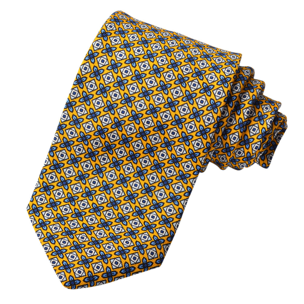 Gold Geometric Floral Medallion Printed Italian Silk Tie