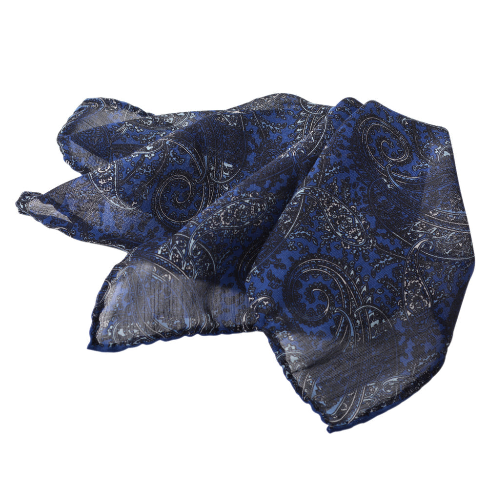 French Blue Tonal Paisley Geo Silk-Wool Pocket Square
