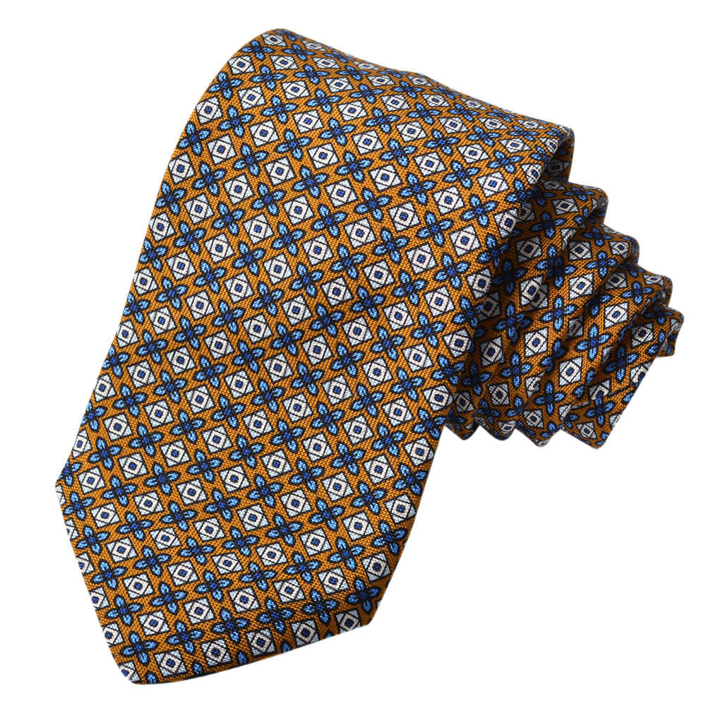 Mocha Geometric Floral Medallion Printed Italian Silk Tie