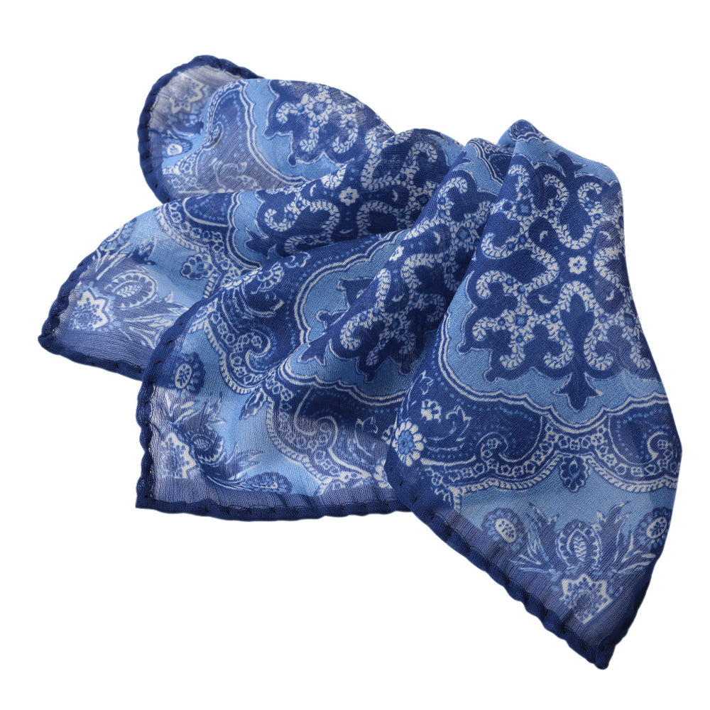 French Blue Ornate Medallion Silk-Wool Pocket Square